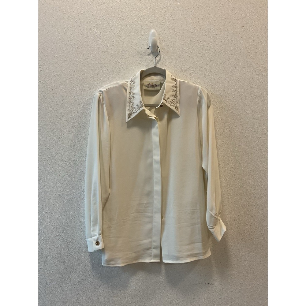 Vintage SUSAN BRISTOL Size 10 Ivory Silky Blouse Embroidered Button Up Women's